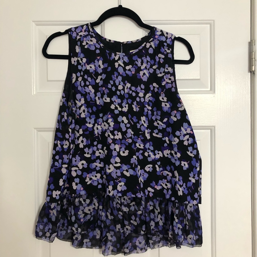 Kate Spade blouse, blue and purple hydrangeas